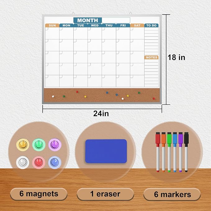 Monthly Calendar Dry Erase Board 24x18 Inch, Double-Sided Whiteboard and - Image 5
