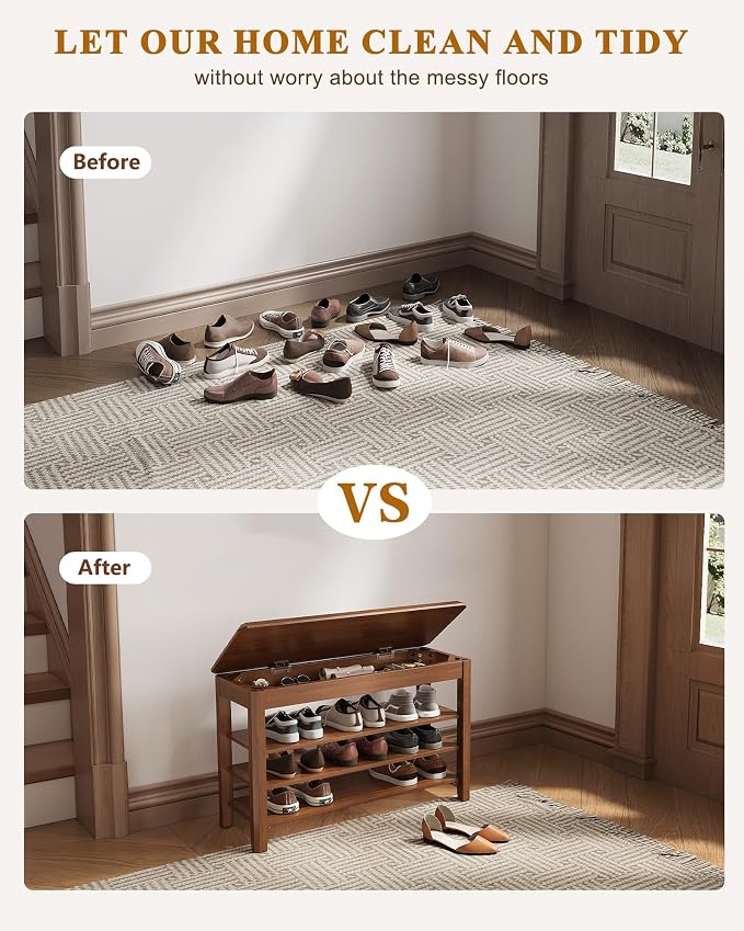 Shoe Rack Bench Seat Rubberwood 3-Tier Wooden Storage Bench 550lbs Compact - Image 6