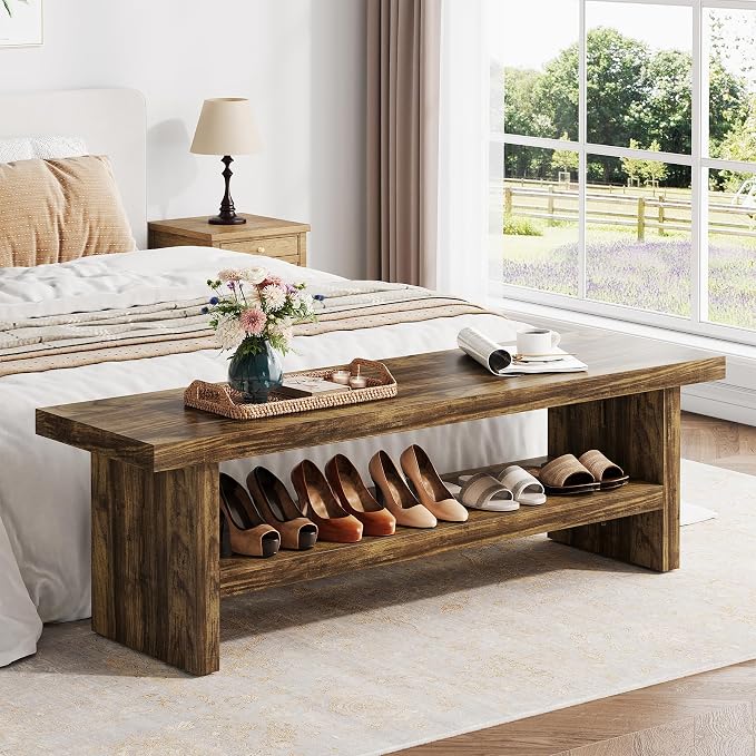 2 Tier Entryway Bench, 47.24" Shoe Bench, Rustic Shoe Rack, Wooden Storage Bench - Image 3