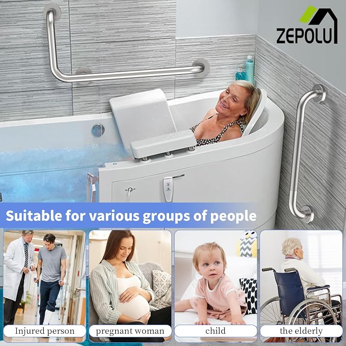 Brushed Nickel L-Shaped Grab Bar 12x24 Inch + Knurled Shower Grab Rail 20 Inch - Image 3