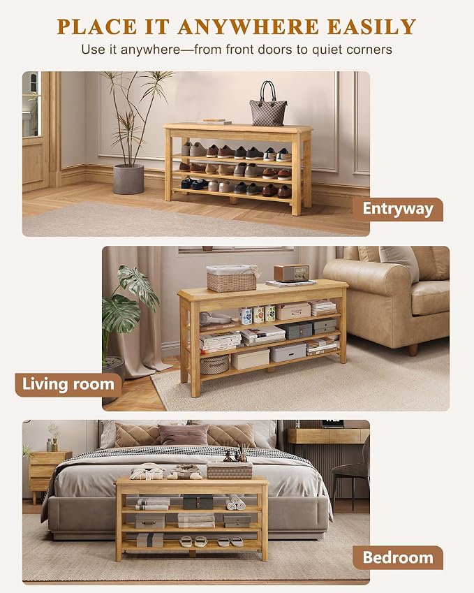 Shoe Rack Bench Seat Rubberwood 3-Tier Wooden Storage Bench 550lbs Compact - Image 8