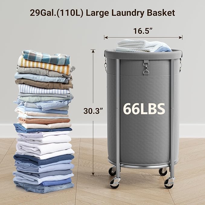 ELYKEN Laundry Hamper with Wheels, 110L Rolling Laundry Basket, Round Laundry - Field & Grace