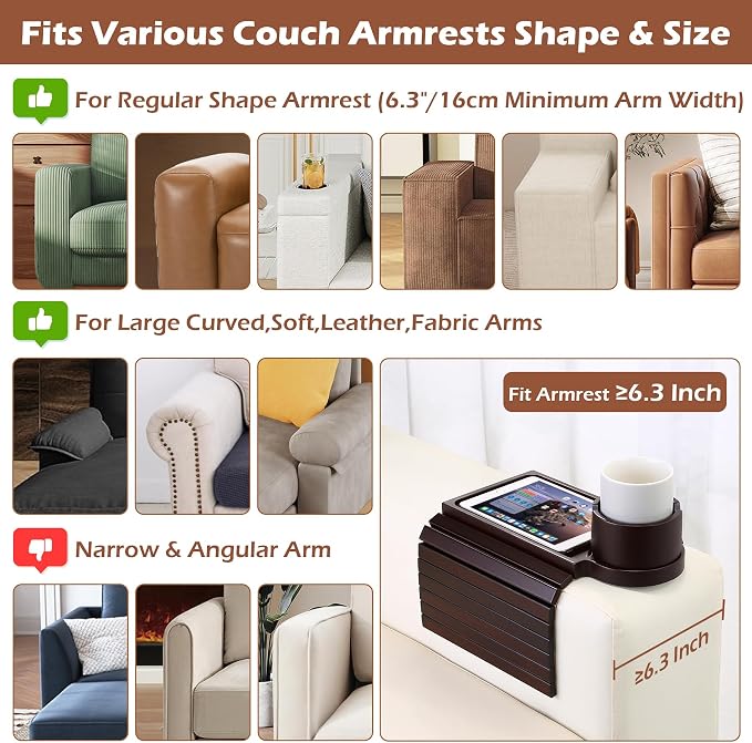 Couch Cup Holder Tray, 3 in 1 Large Couch Arm Trays, Bamboo Chair Clip on Tray - Image 2