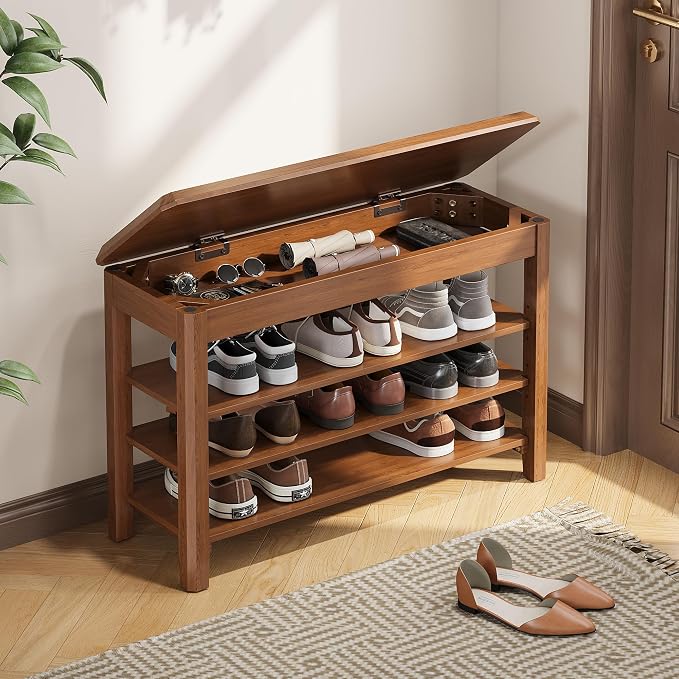 Shoe Rack Bench Seat Rubberwood 3-Tier Wooden Storage Bench 550lbs Compact by IUNVR