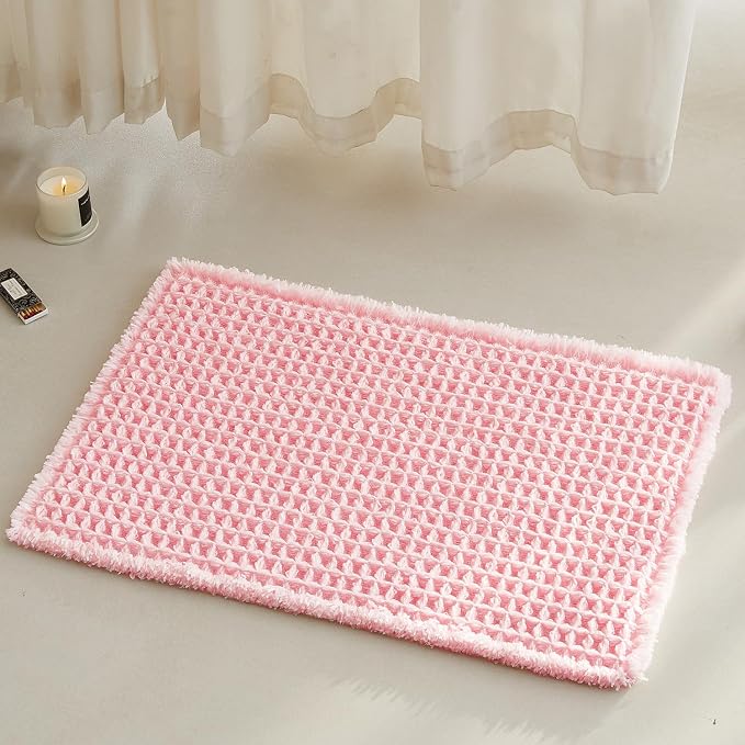Light Peachy Pink Bathroom Rugs, Waffle Bath Mat Non Slip Washable Quick Dry by TYUU