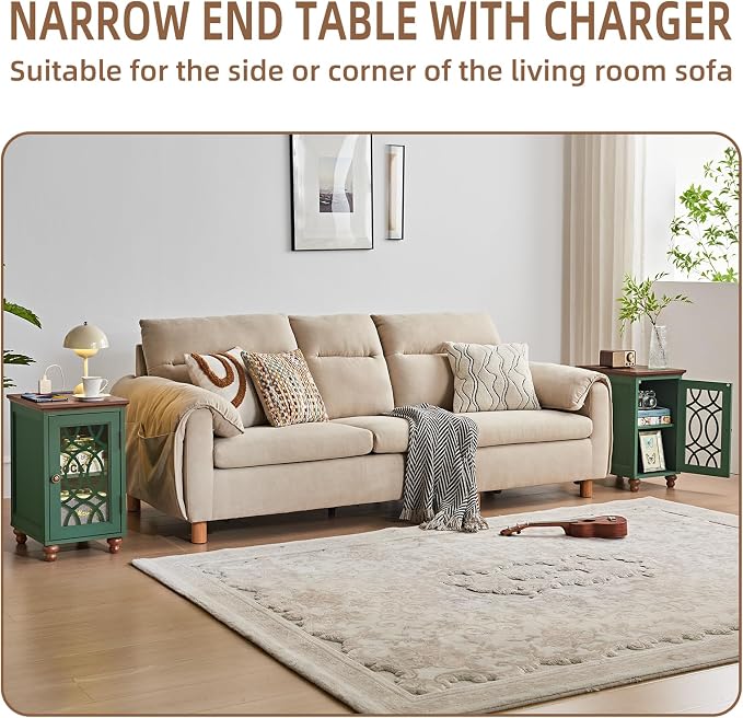 Narrow Side Table with Charging Station, Night Stand with Glass Door, Bedside - Image 4