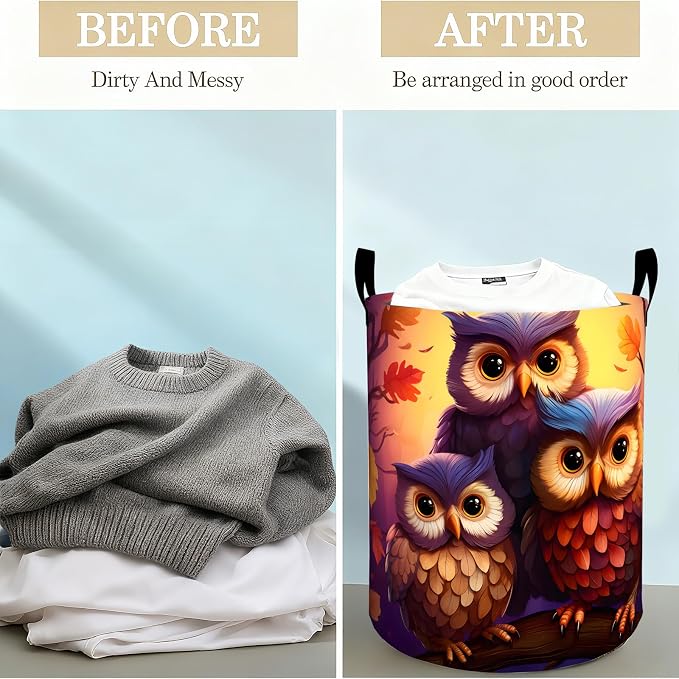 Cute Owl Laundry Basket Hamper for Boys Girls Kids Adults, Foldable Waterproof - Image 3