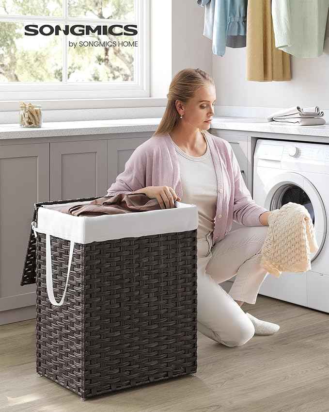 SONGMICS Laundry Hamper with Lid, 23.8 Gallon Synthetic Rattan Clothes Laundry