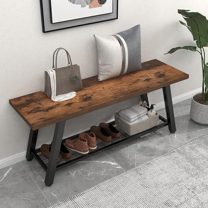 Storage Bench Industrial Rustic Wooden and Metal Entryway Shoe Boots Storage by GiftGoDirect