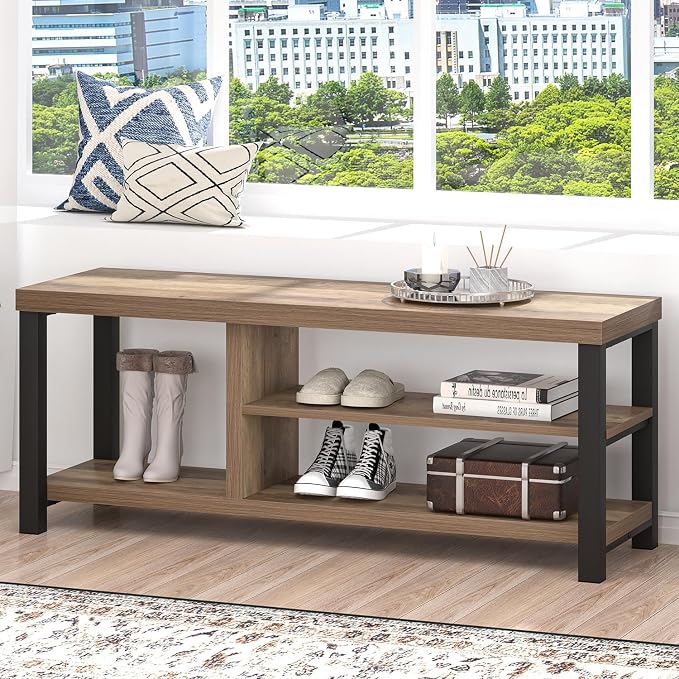 FOLUBAN Shoe Bench for Entryway, Wood and Metal Indoor Bench by FOLUBAN