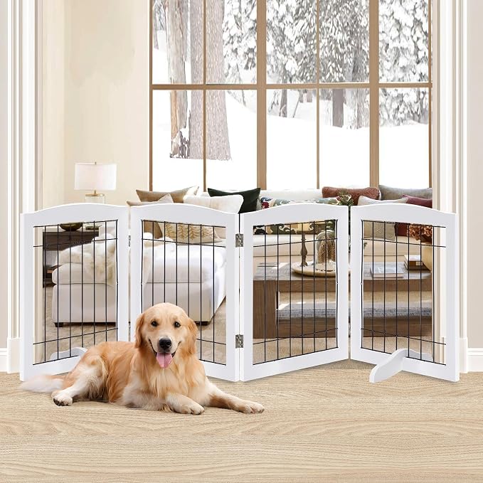 LZRS 4-Panel Freestanding Wooden Dog Gate—Extra Wide 30” Tall Foldable Pet by LZRSPET