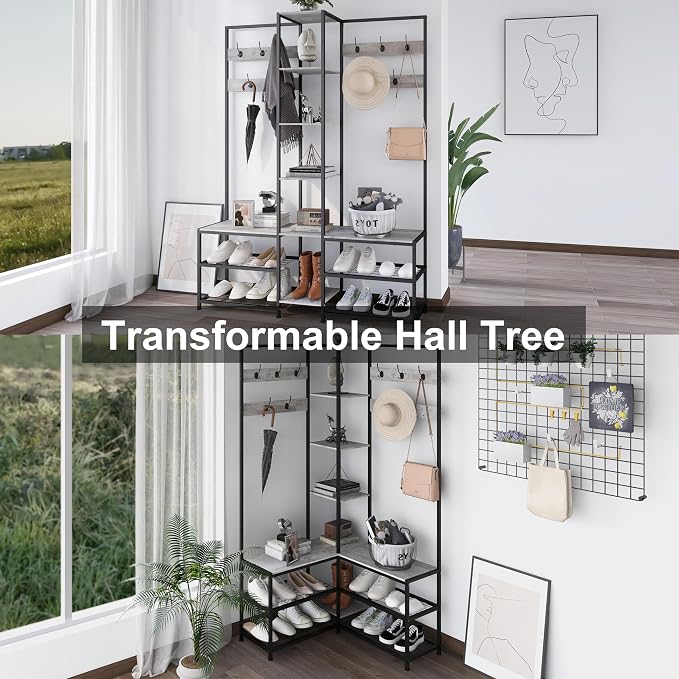 GiftGo Corner Hall Tree with Shoe Rack Storage Bench Display Open Shelves - Image 2