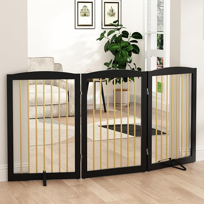 Freestanding Pet Gate for Dogs, Foldable Wooden Dog Gate for House Indoor by PUPETPO