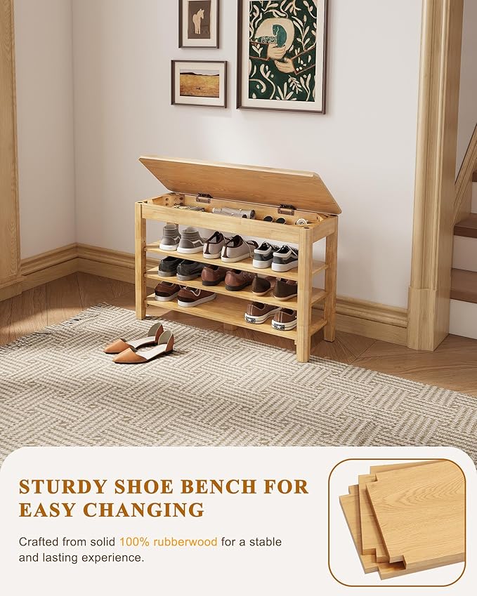 Shoe Rack Bench Seat Rubberwood 3-Tier Wooden Storage Bench 550lbs Compact - Image 5