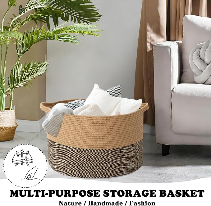 Large Storage Basket with Handle, 19.7" L x 19.7" W x 13" H Blanket Basket - Image 5