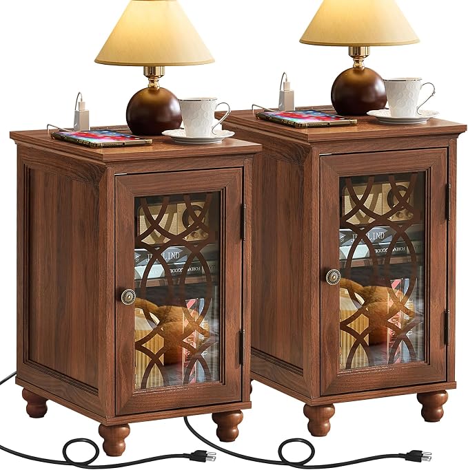 Narrow Side Table with Charging Station Set of 2, Night Stand with Glass Door by Joaxswe