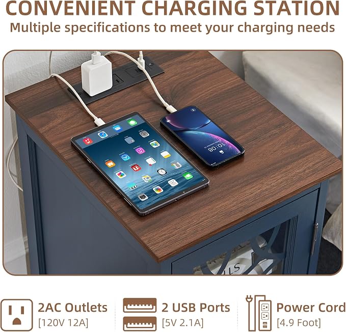 Narrow Side Table with Charging Station, Night Stand with Glass Door, Bedside - Image 6