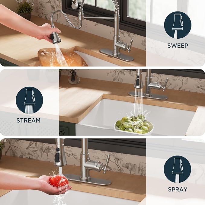 FORIOUS Vintage Kitchen Faucet Pull Down Sprayer Brushed Nickel Stainless Steel - Image 4