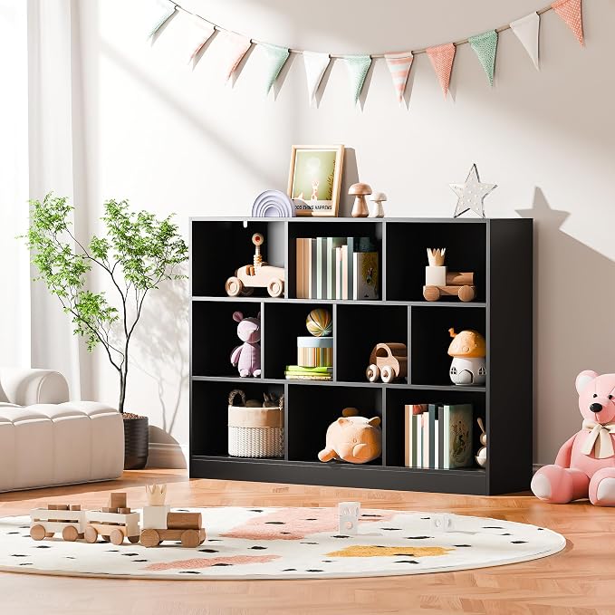 Cozy Castle Black Bookshelf, 3-Tier Open Shelf Bookcase, 10 Cube Storage - Image 6