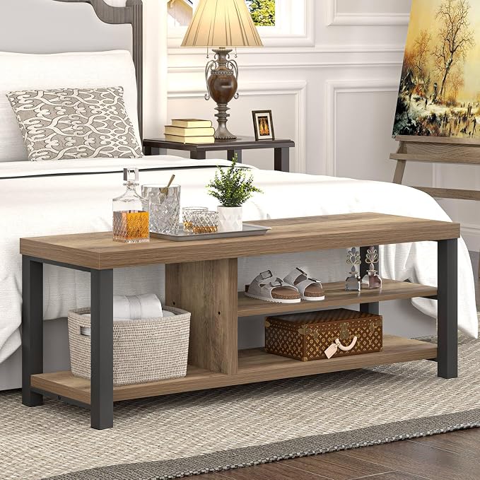 FOLUBAN Shoe Storage Bench, Industrial Entryway Bench, Modern Indoor Wood and - Image 3