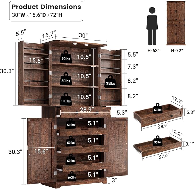 ELYKEN 72" Tall Kitchen Pantry Cabinet, Rustic Brown Farmhouse Pantry - Image 2