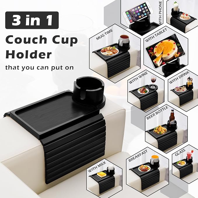 Couch Cup Holder Tray, 3 in 1 Large Couch Arm Trays, Bamboo Chair Clip on Tray - Image 3