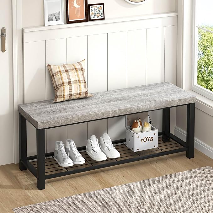 FOLUBAN Entryway Bench, Rustic Wood and Metal Shoe Storage Bench by FOLUBAN