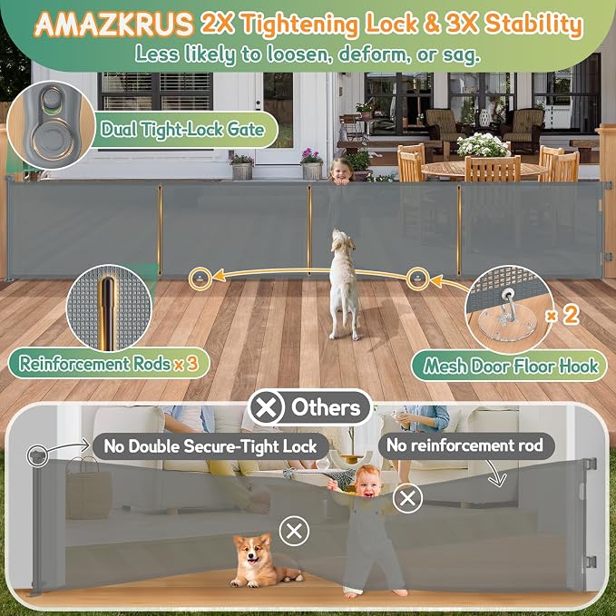 200'' Retractable Baby Gates Extra Wide, 16 FT Indoor/Outdoor Grey Retractable - Image 2
