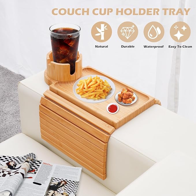 Couch Cup Holder Tray, 3 in 1 Couch Arm Trays, Large Bamboo Chair Arm Rest Tray - Image 5
