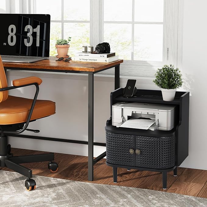 Metal Rattan End Table with Charging Station, Mid Century Modern Nightstand - Image 2