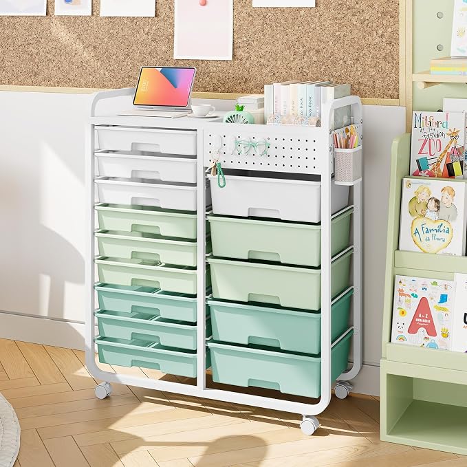 Rolling Storage Cart with 14 Drawers, Storage Organizer Cart with Tabletop and - Image 9