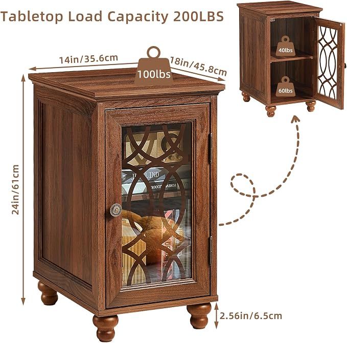 Narrow Side Table with Glass Door, 18 x 14'' Night Stand with Adjustable Shelf - Image 2