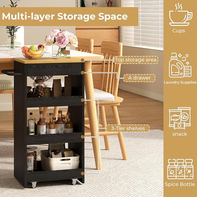 IRONCK Wood Storage Cart 15.8" W, 4 Tier Rolling Kitchen Cart on Wheels - Image 4