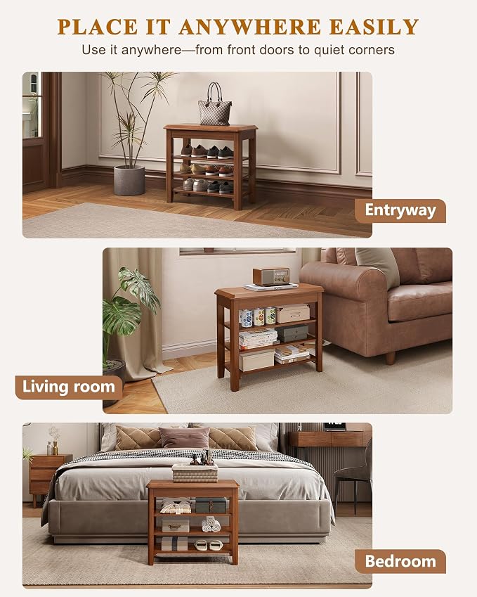 Shoe Rack Bench Seat Rubberwood 3-Tier Wooden Storage Bench 550lbs Compact - Image 8