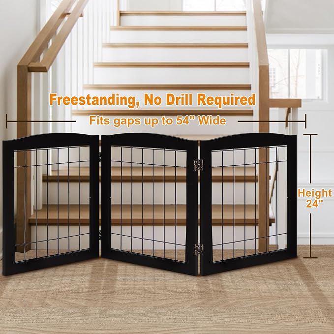 LZRS 3-Panel Freestanding Foldable Wooden Dog Gate –Solid Wood & Steel Wire - Image 2