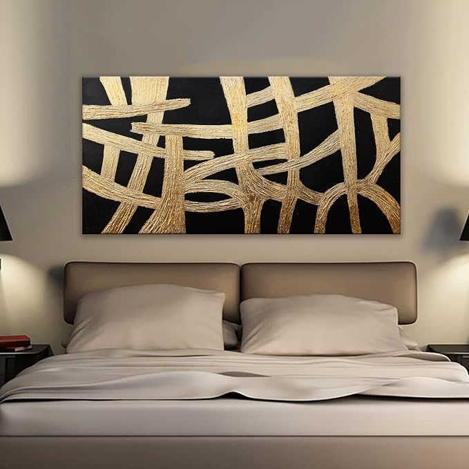 Abstract Wall Art Paintings Canvas Wall Art Decor Black And Gold Lines Artwork - Image 3