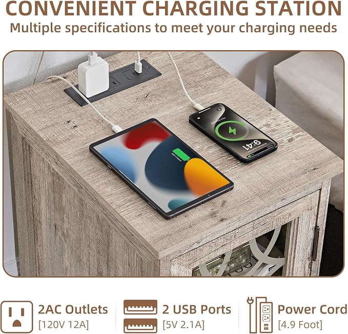 Narrow Side Table with Charging Station Set of 2, Night Stand with Glass Door - Image 8