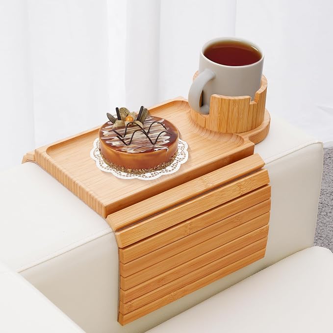 Couch Cup Holder Tray, 3 in 1 Couch Arm Trays, Large Bamboo Chair Arm Rest Tray by GHKINMAL