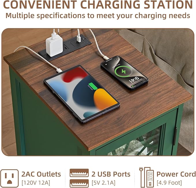 Narrow Side Table with Charging Station, Night Stand with Glass Door, Bedside - Image 6