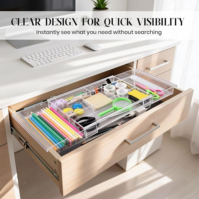 2Pack Shallow Expandable Drawer Organizer, Adjustable 12.5”–20” Clear Plastic - Image 7