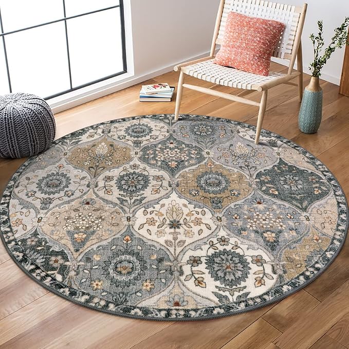 Lahome Moroccan Trellis Round Area Rugs, Washable Small Round Rug 3ft Non-Slip by Lahome