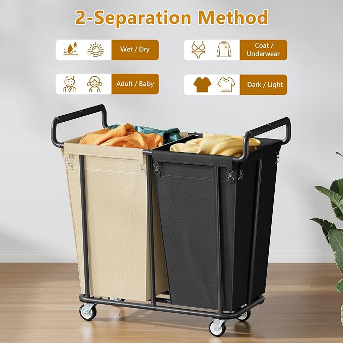 Large laundry hamper with Wheels, 2 Bag 360L Big Rolling Laundry Basket Sorter - Field & Grace