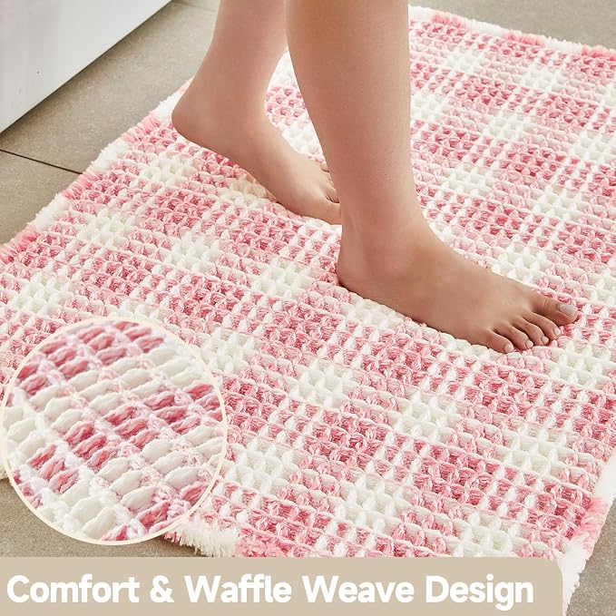 Waffle Bath Mat, Boho Bathroom Rugs Non Slip Washable Absorbent Checkered - Image 3