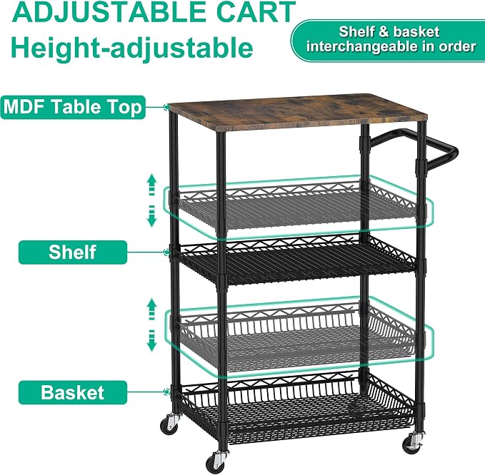 Rolling Kitchen Cart with Wheels, 3 Tier Metal Utility Cart with Wood Tabletop - Image 5