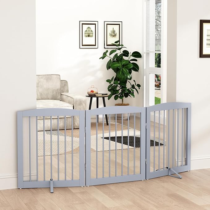 Freestanding Pet Gate for Dogs, Foldable Wooden Dog Gate for House, Indoor Dog by PUPETPO