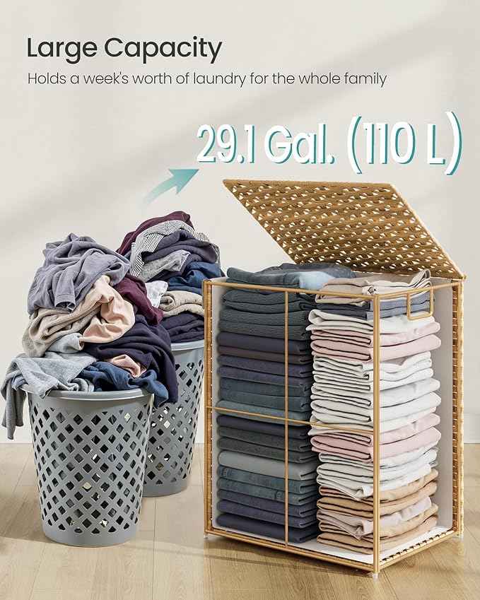 SONGMICS Laundry Hamper with Lid, 29.1 Gallon Synthetic Rattan Clothes Laundry