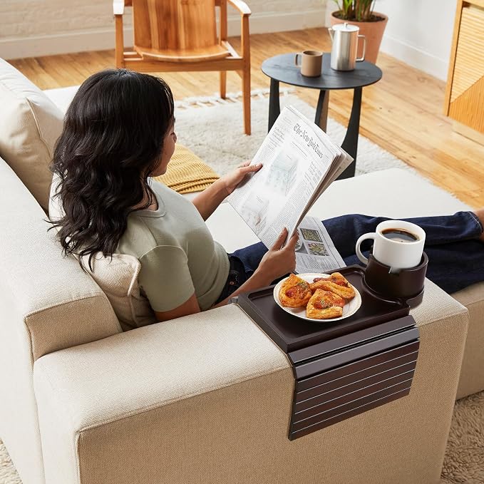 Couch Cup Holder Tray, 3 in 1 Large Couch Arm Trays, Bamboo Chair Clip on Tray - Image 7