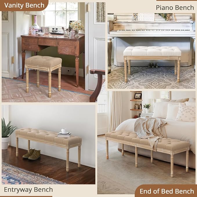 LUE BONA 60" Fabric End of Bed Bench, Upholstered Tufted French Bedroom Bench - Image 7