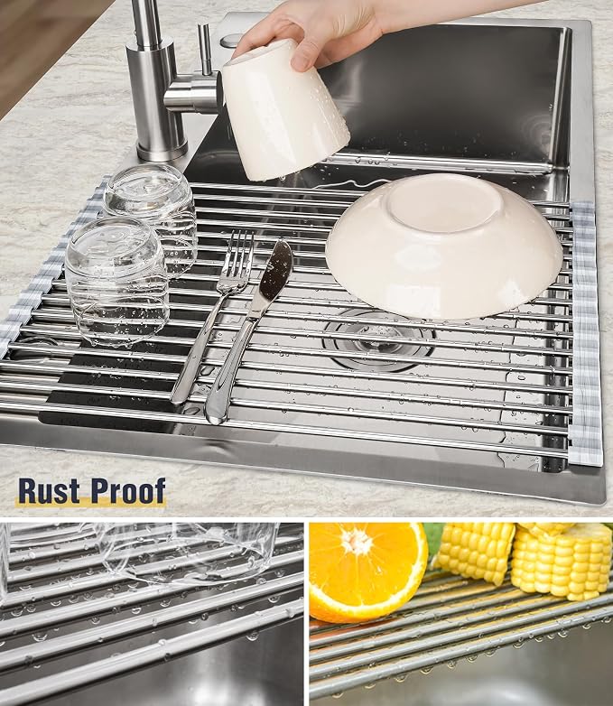 Tomorotec Stainless Steel Roll-Up Dish Drying Rack Marble Color Silicone Edges - Field & Grace
