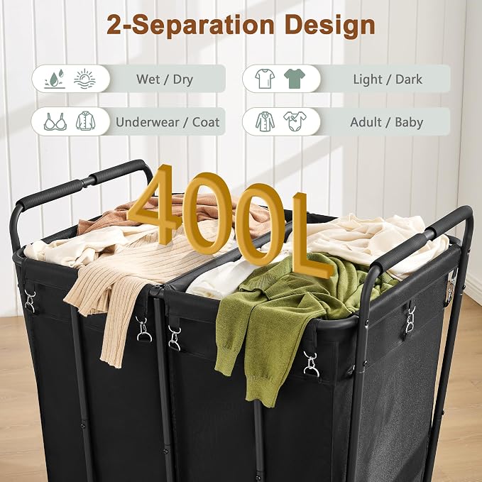 Hoctieon 2 Section Laundry Sorter Cart, 400L Rolling Hamper - Field & Grace